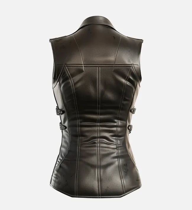 Women’s Black Sheepskin Leather Vest with Zipper & Adjustable Buckles