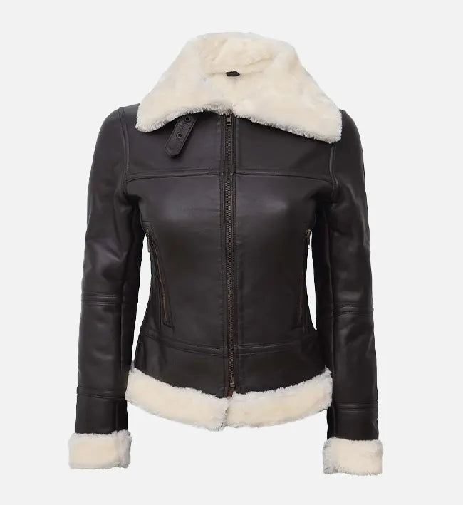 Women’s Sheepskin Leather Aviator Jacket – Black with White Faux Shearling