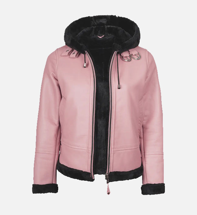 Women’s Pink Sheepskin Leather Jacket with Shearling Hood & Belted Waist