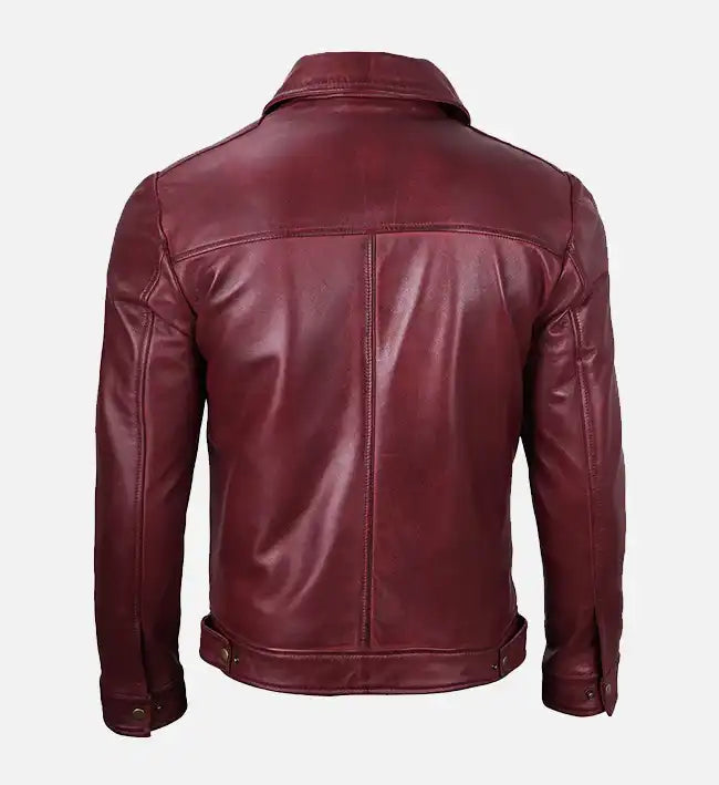 Men’s Sheepskin Classic Shirt Collar Maroon Leather Jacket