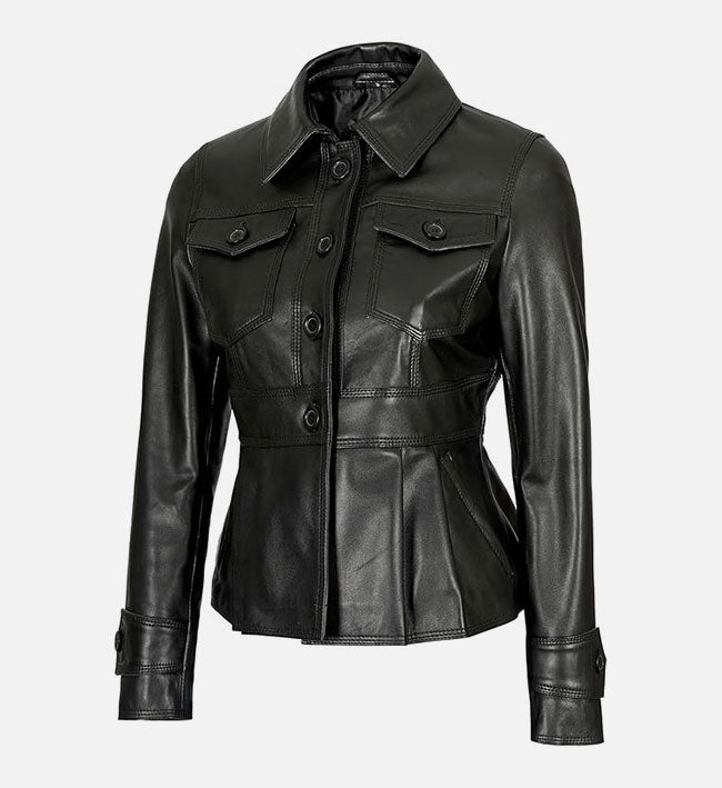 Women’s Sheepskin Leather Jacket – Black Motorcycle-Style with Fitted Waist