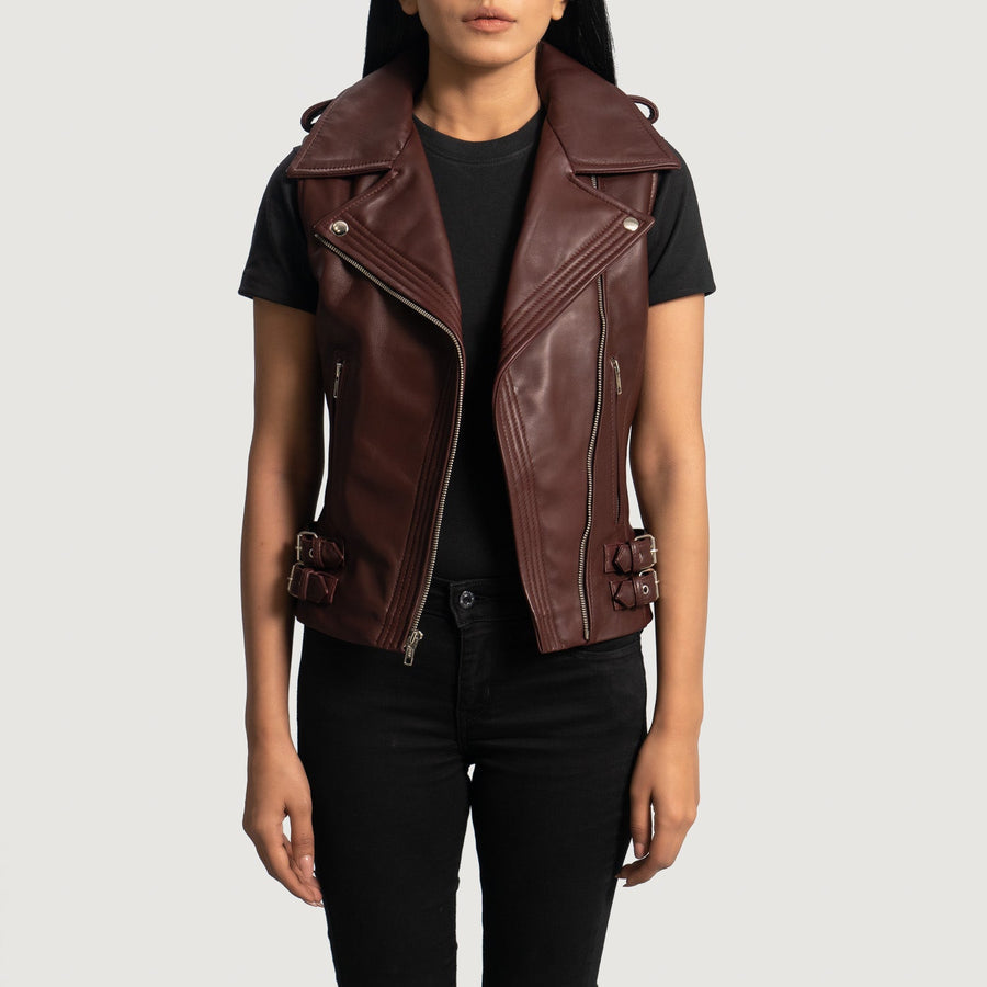 Women’s Maroon Sheepskin Leather Vest with Notch Collar & Zipper Closure