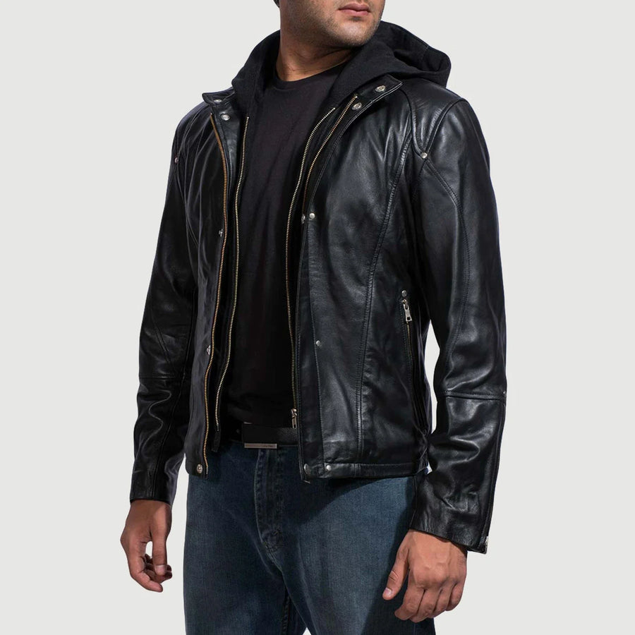 Men’s Real Leather Cowhide Jacket with Hood – Timeless Black Style