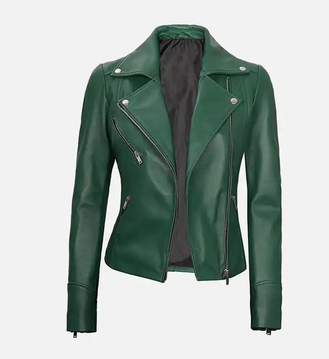 Women’s Signature Sheepskin Leather Biker Jacket – Green, Pink & White