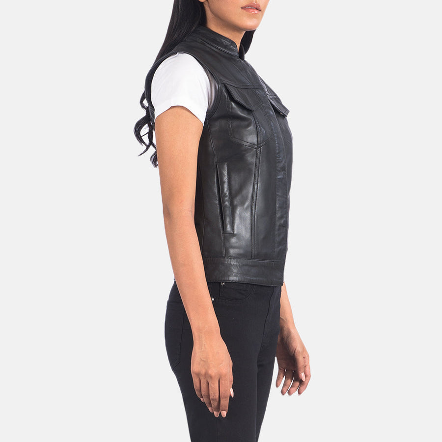 Women’s Black & Brown Sheepskin Leather Vest with Quilted Lining