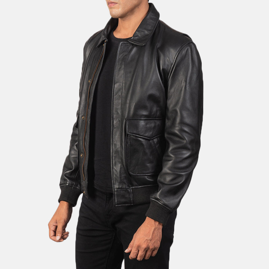Men’s Sheepskin Leather Jacket with Shirt Collar and Button Flap