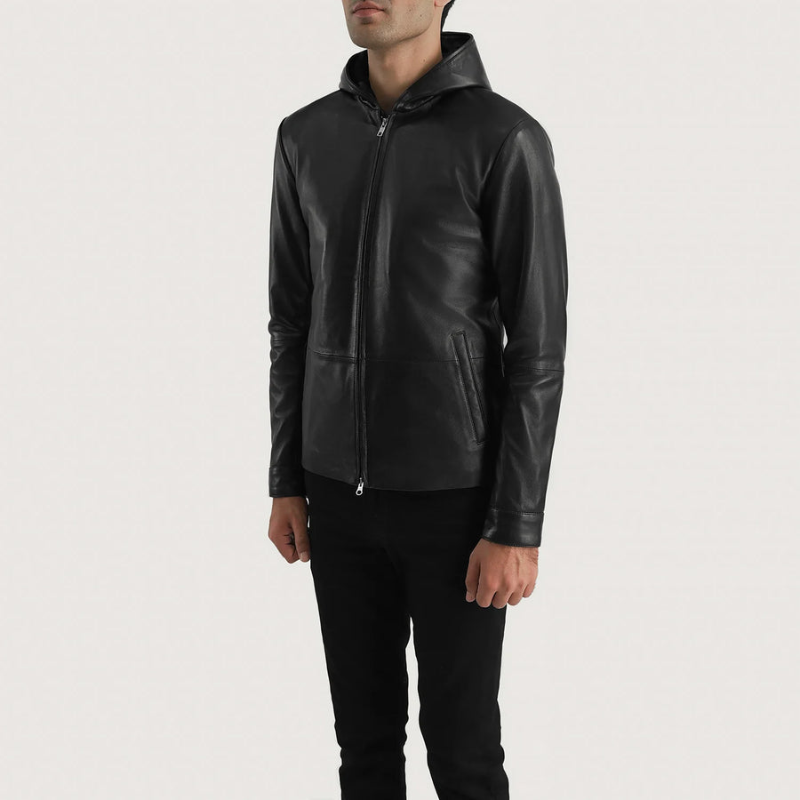 Men’s Sheepskin Genuine Leather Hooded Jacket – Matte Black