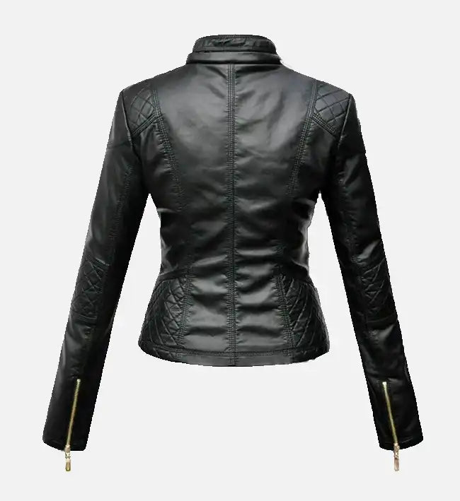 Women’s Sheepskin Leather Biker Jacket – Black with Golden Zipper Detailing
