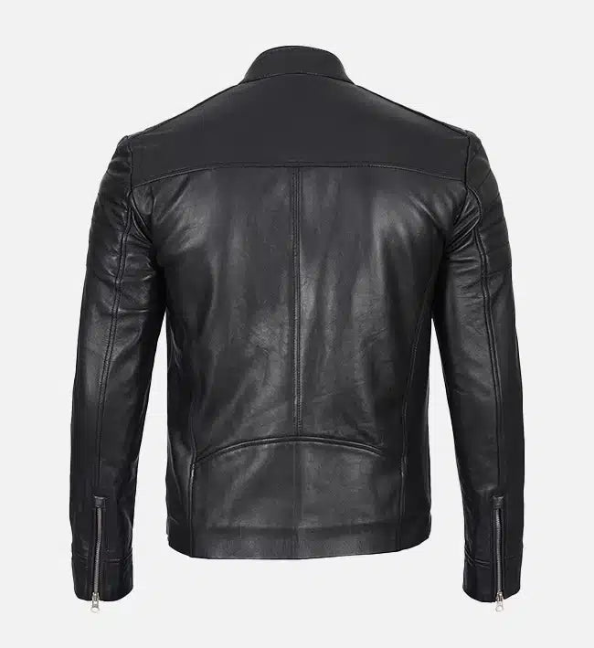 Men’s Sheepskin Leather Jacket – Black with Quilted Sleeves and Shoulders