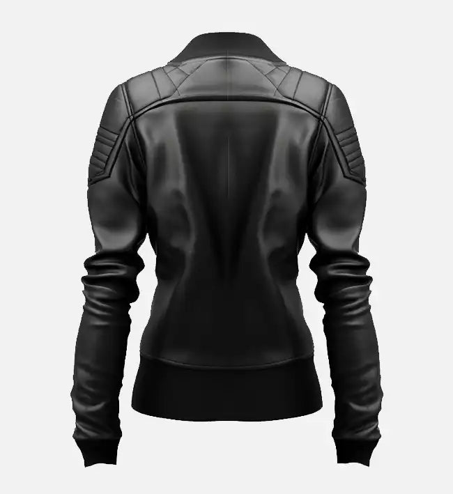 Women’s Sheepskin Black Leather Bomber Jacket – with Quilted Padded Shoulders
