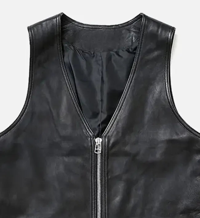Men’s Sheepskin Leather Vest – Black with V-Neckline and Silver Zipper