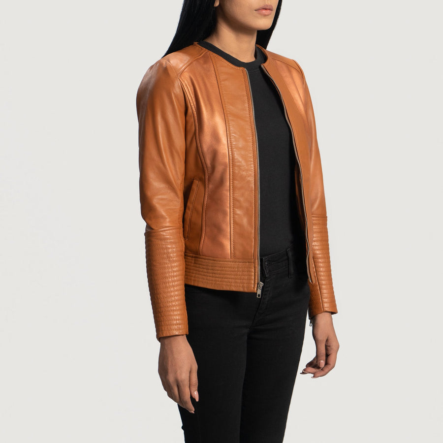Women’s Tan Brown Sheepskin Leather Biker Jacket