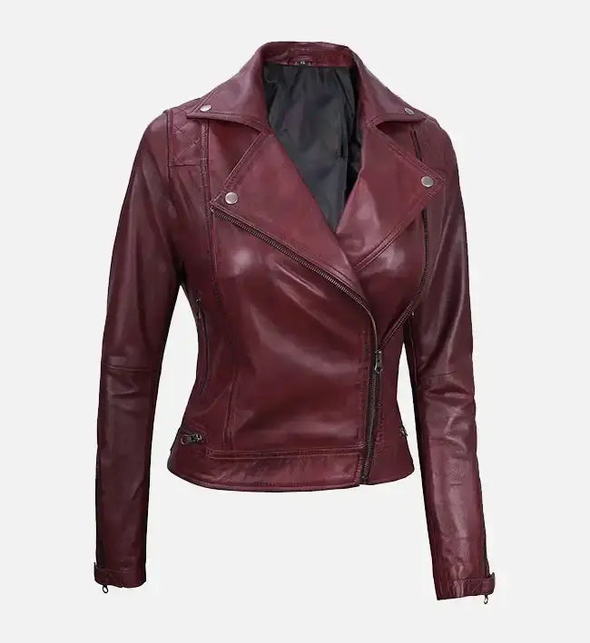 Women’s Maroon Sheepskin Leather Motorcycle Jacket – Asymmetrical Zip Style