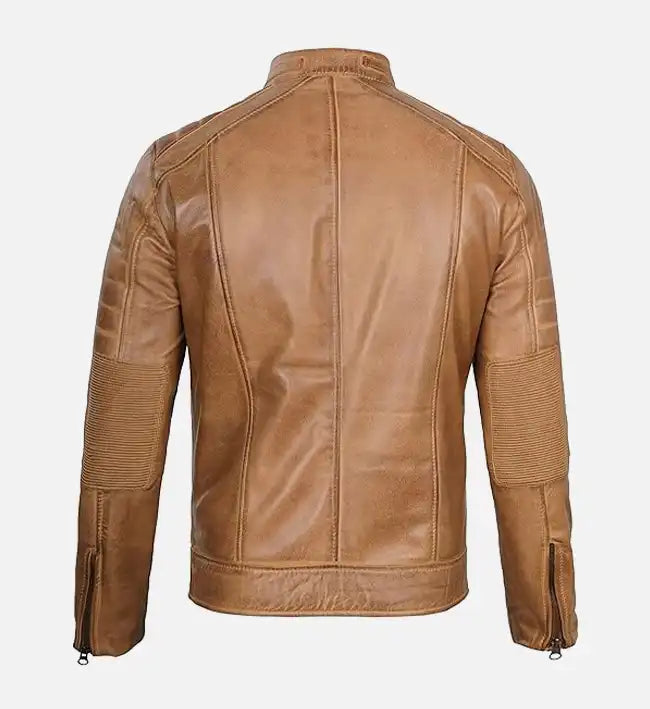 Men’s Sheepskin Leather Bomber Jacket – Tan Rust Brown with Quilted Detailing