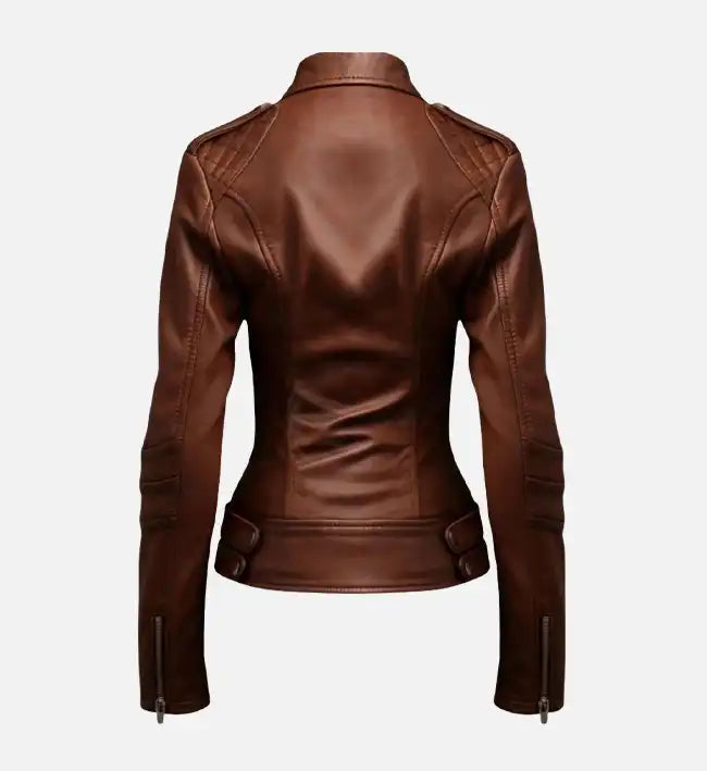 Women’s Sheepskin Bike Style Brown Leather Jacket
