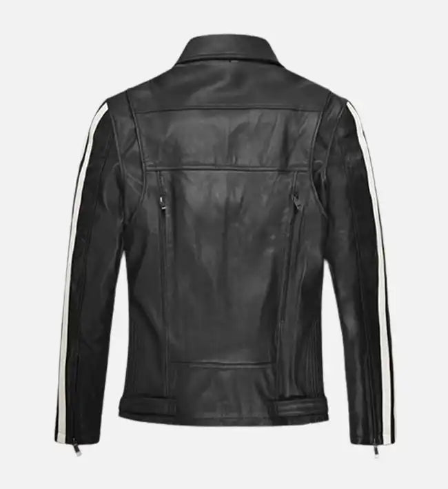Men’s Vintage Sheepskin Leather Jacket – Black with White Stripe Detailing