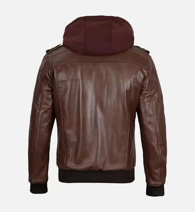 Men’s Sheepskin Dark Brown Leather Bomber Jacket With Hood