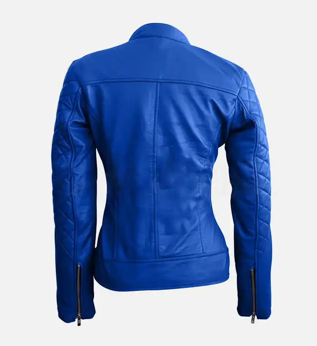 Women’s Blue Sheepskin Leather Café Racer Jacket with Quilted Detailing