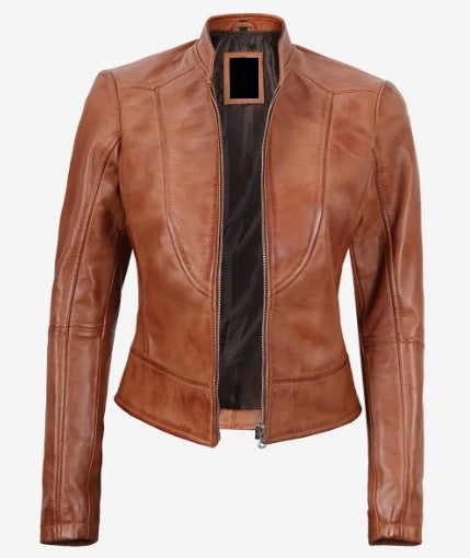 Women's Luxury Lambskin Leather Jacket - Classic Biker Style, Metal Zip Closure - Slim Fit Minimalist Design