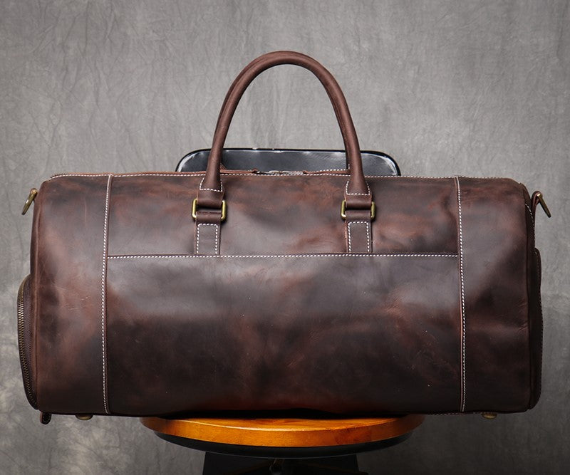 Genuine Crazy Horse Leather Duffle Bag with Shoe Compartment | Weekender Travel Bag
