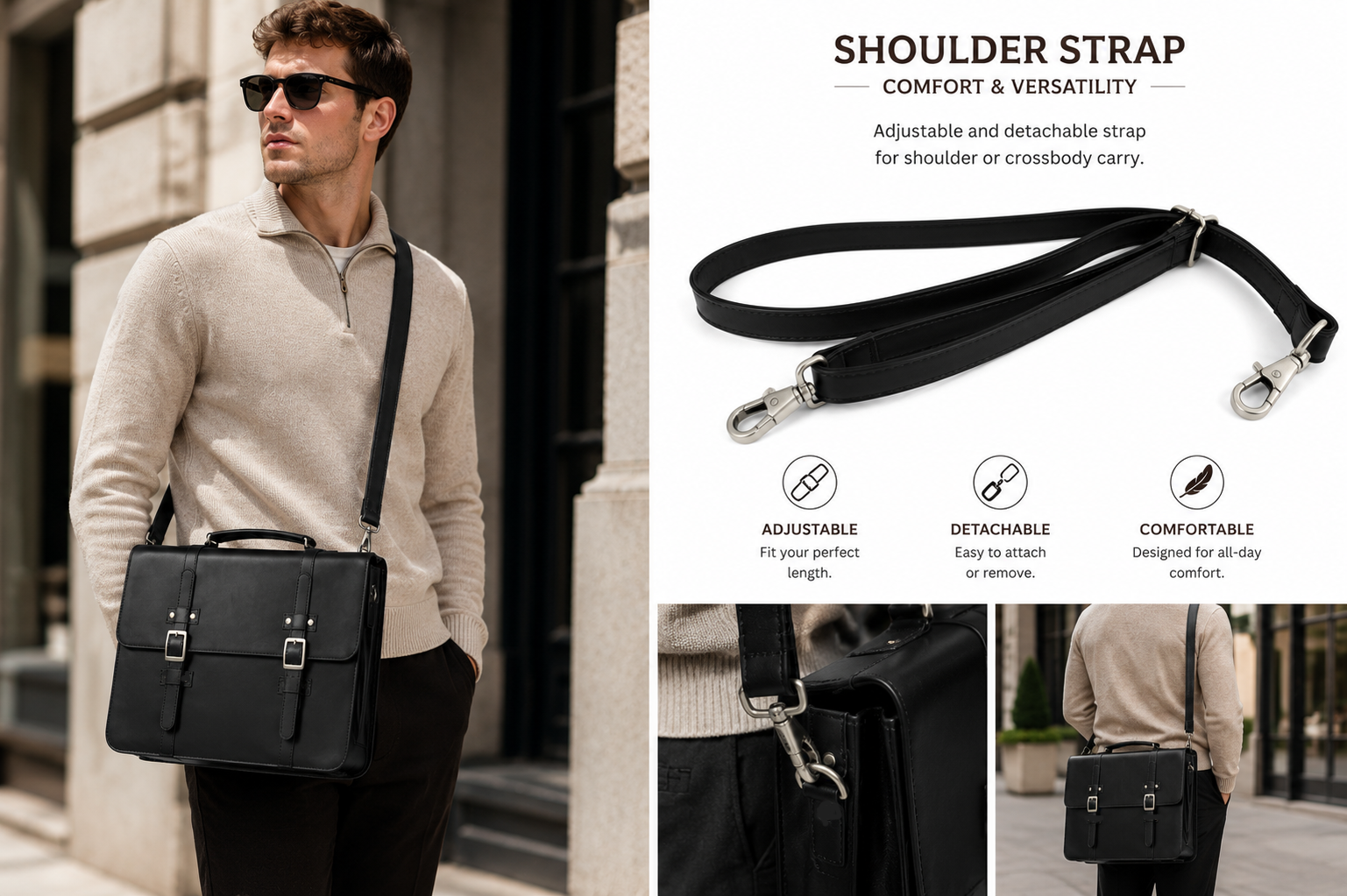 Handmade Full Grain Leather Briefcase – Unisex Real Cow Leather Laptop Office Bag with Detachable Shoulder Strap