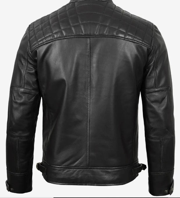 Men's Cafe Racer Leather Jacket - Retro Style Asymmetrical Moto Quilted Shoulder Leather Jacket