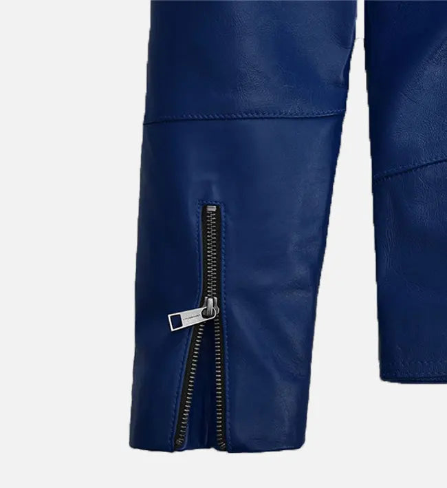 Men’s Sheepskin Leather Biker Jacket – Blue with Shoulder Epaulettes and Waist Belts