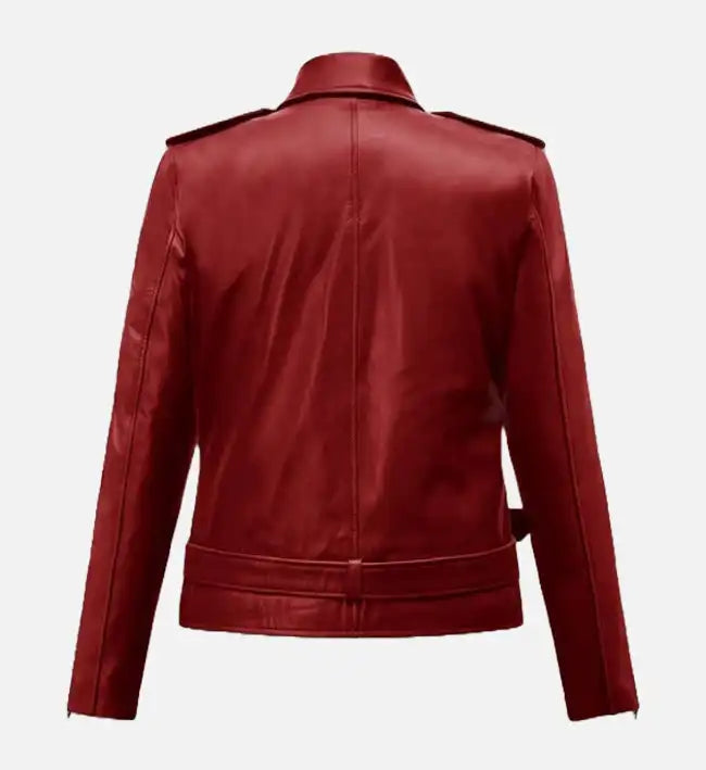 Women’s Red Sheepskin Leather Biker Jacket – Asymmetrical Zipper Style