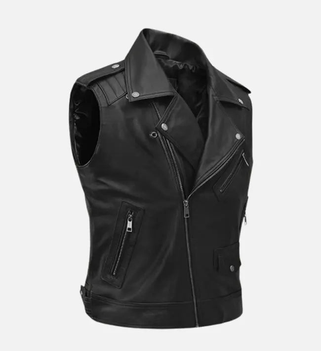 Men’s Black Sheepskin Leather Vest with Quilted Panels & Padded Shoulders