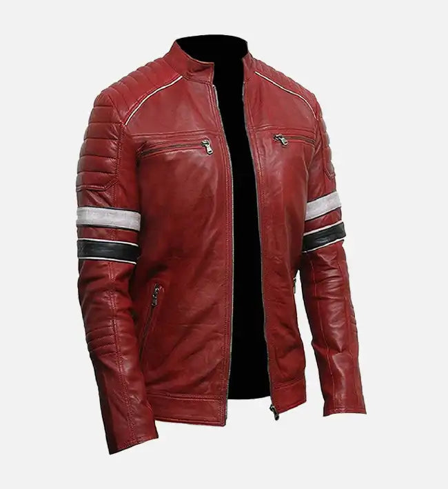 Men’s Sheepskin Leather Jacket – Red with Quilted Shoulders & Striped Sleeves