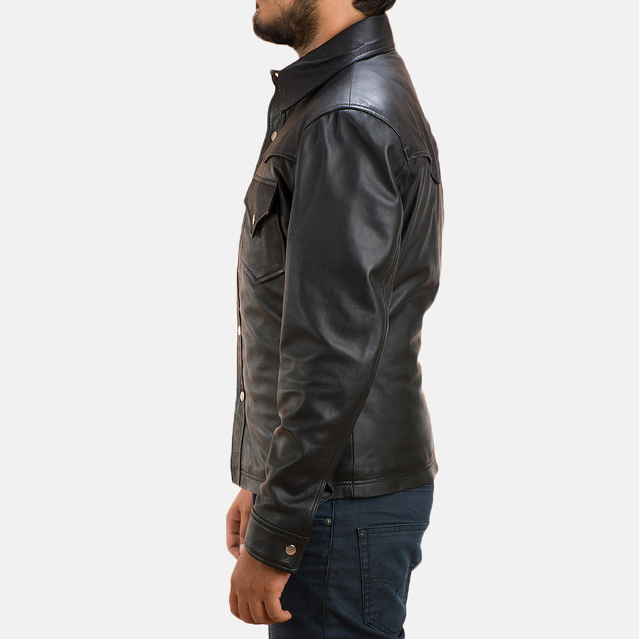 Black sheepskin genuine leather shirt collar jacket for men moto outwear