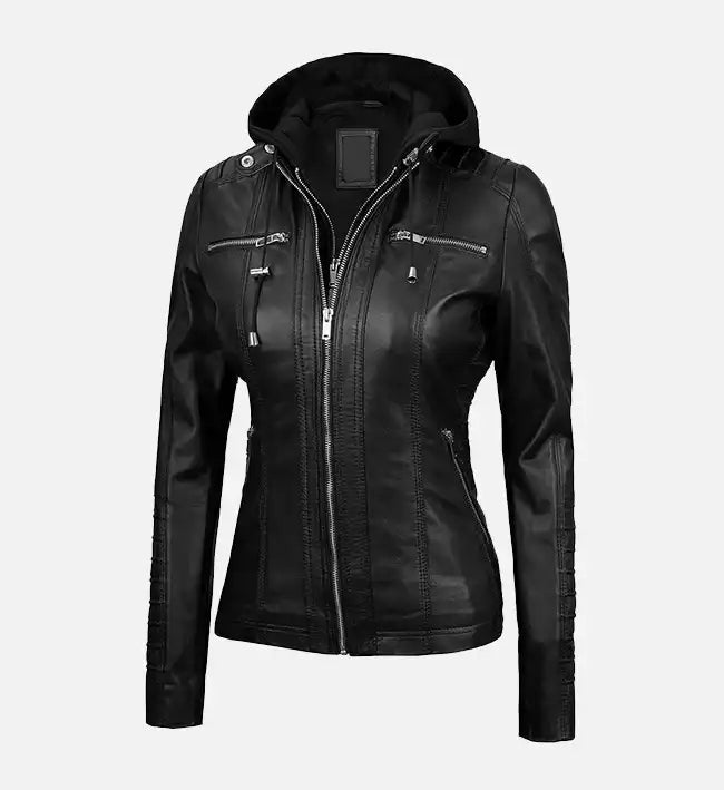 Women’s Sheepskin Leather Jacket – Black with Quilted Shoulders & Removable Hood