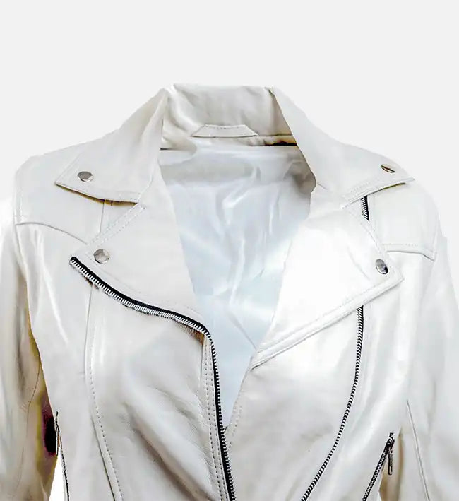 Women’s White Sheepskin Leather Biker Jacket with Asymmetrical Zipper