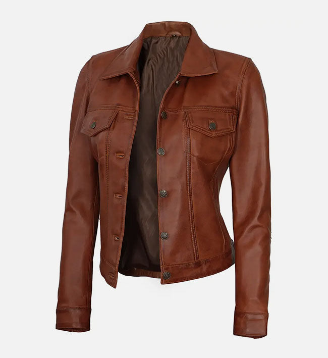 Women’s Sheepskin Leather Trucker Jacket – Brown, Black & Purple
