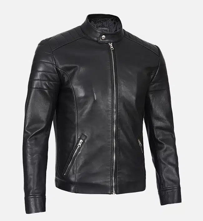 Men’s Sheepskin Leather Jacket – Black with Quilted Sleeves and Shoulders