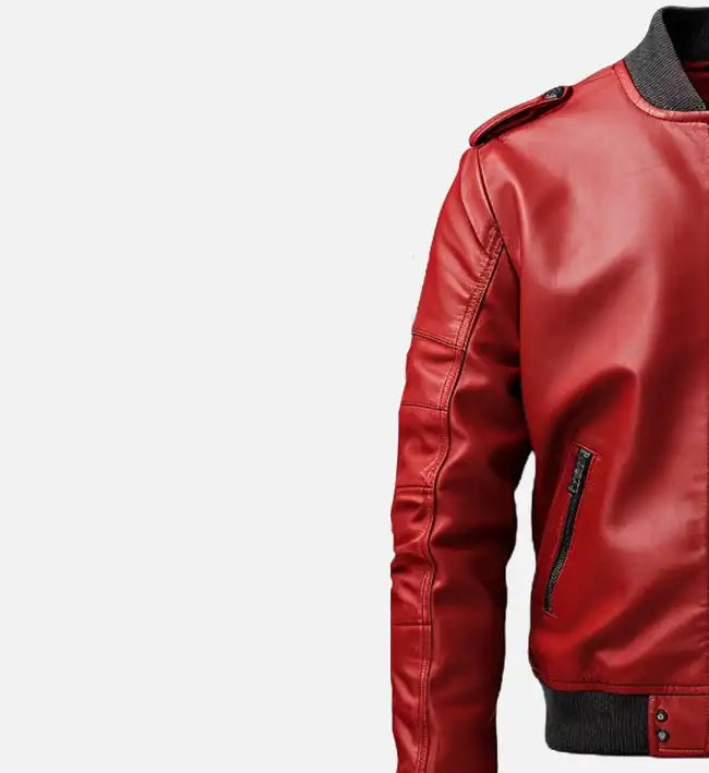 Men’s Stylish Sheepskin Leather Jacket – Red with Ribbed Detailing and Shoulder Epaulets