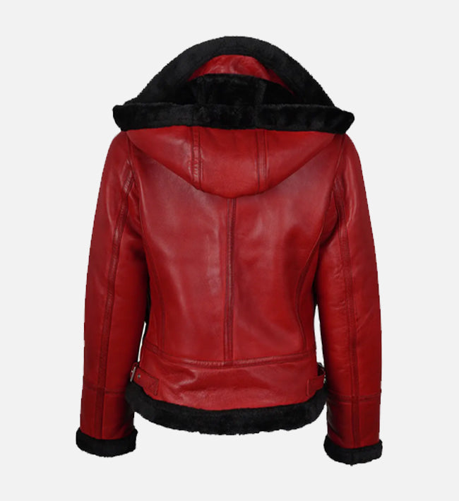 Women’s Red Shearling Hooded Leather Jacket with Belted Waist