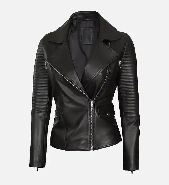 Women’s Black Sheepskin Leather Biker Jacket – Asymmetrical Style