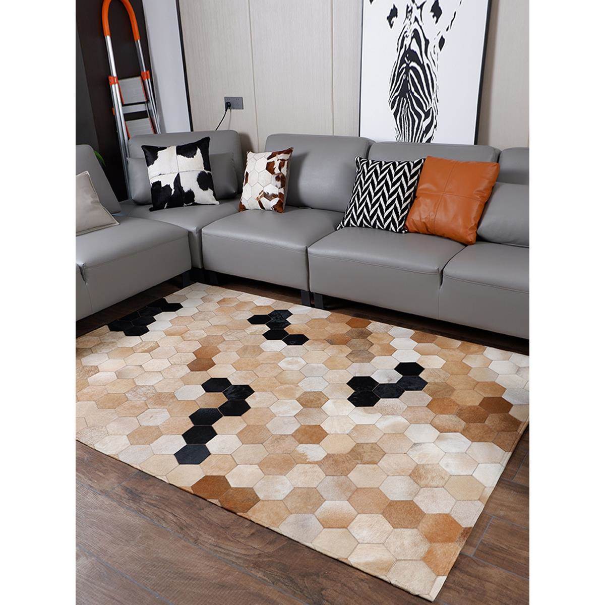 Premium Cowhide Patchwork Rectangle Rug – Handcrafted Natural Design