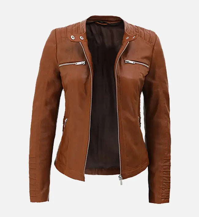 Women’s Sheepskin Leather Jacket – Brown with Quilted Details & Detachable Hood