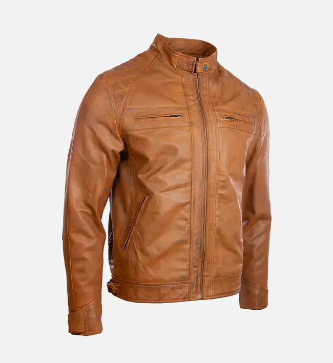 Men’s Sheepskin Leather Jacket – Brown with Quilted Shoulder & Back Design