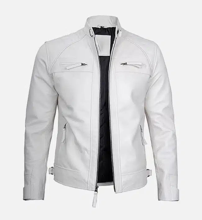 Men’s Sheepskin Classic White Leather Café Racer Jacket