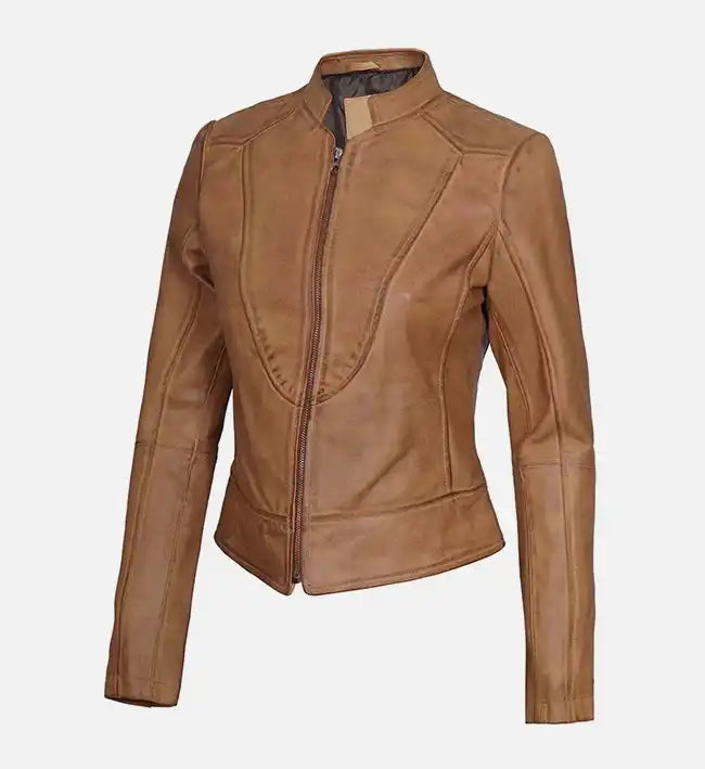 Women’s Sheepskin Leather Jacket – Brown with High Mandarin Collar