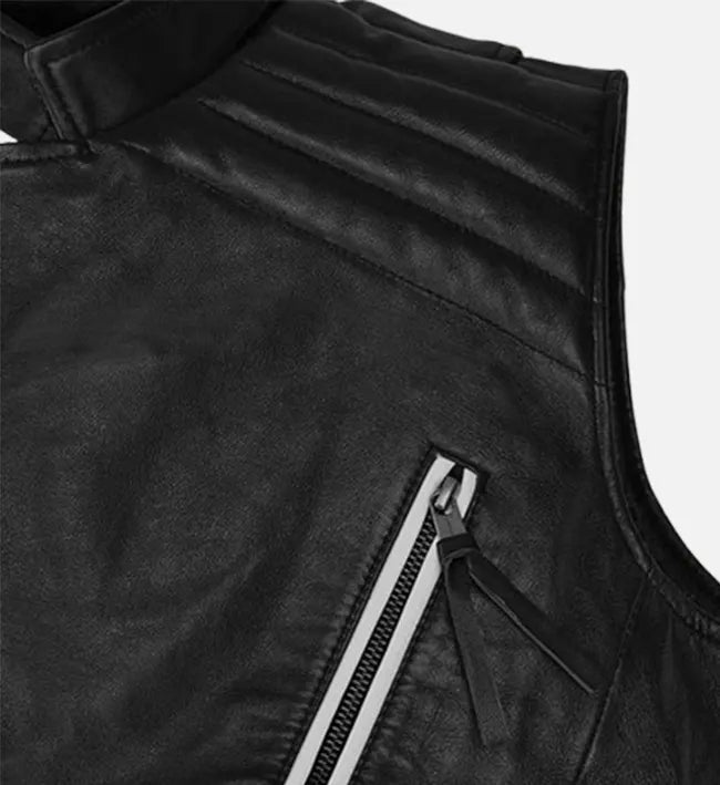 Men’s Black Sheepskin Leather Vest with Asymmetrical Zipper & Quilted Panels
