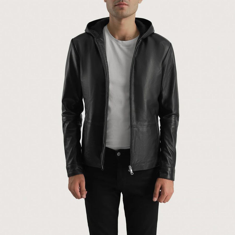 Men’s Sheepskin Genuine Leather Hooded Jacket – Matte Black