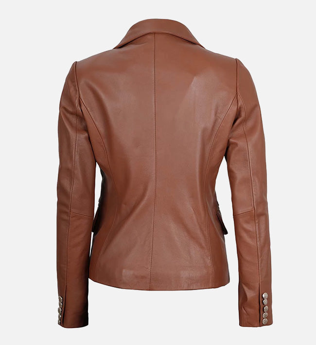 Women’s Brown Double-Breasted Sheepskin Leather Blazer Jacket with Wide Lapel Collar
