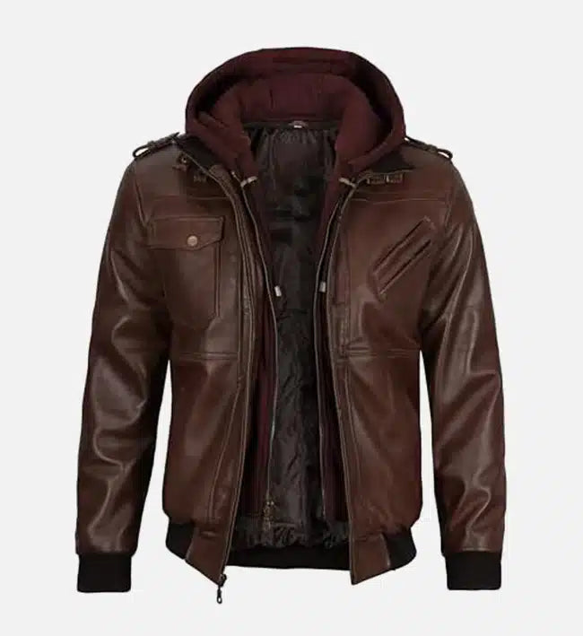 Men’s Sheepskin Dark Brown Leather Bomber Jacket With Hood