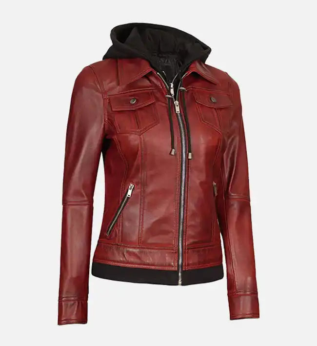 Women’s Sheepskin Leather Jacket – Red with Removable Hood and Contrast Waistline