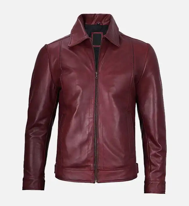 Men’s Sheepskin Classic Shirt Collar Maroon Leather Jacket