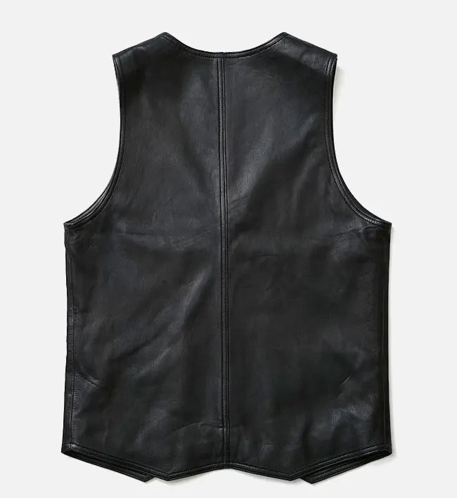 Men’s Sheepskin Leather Vest – Black with V-Neckline and Silver Zipper